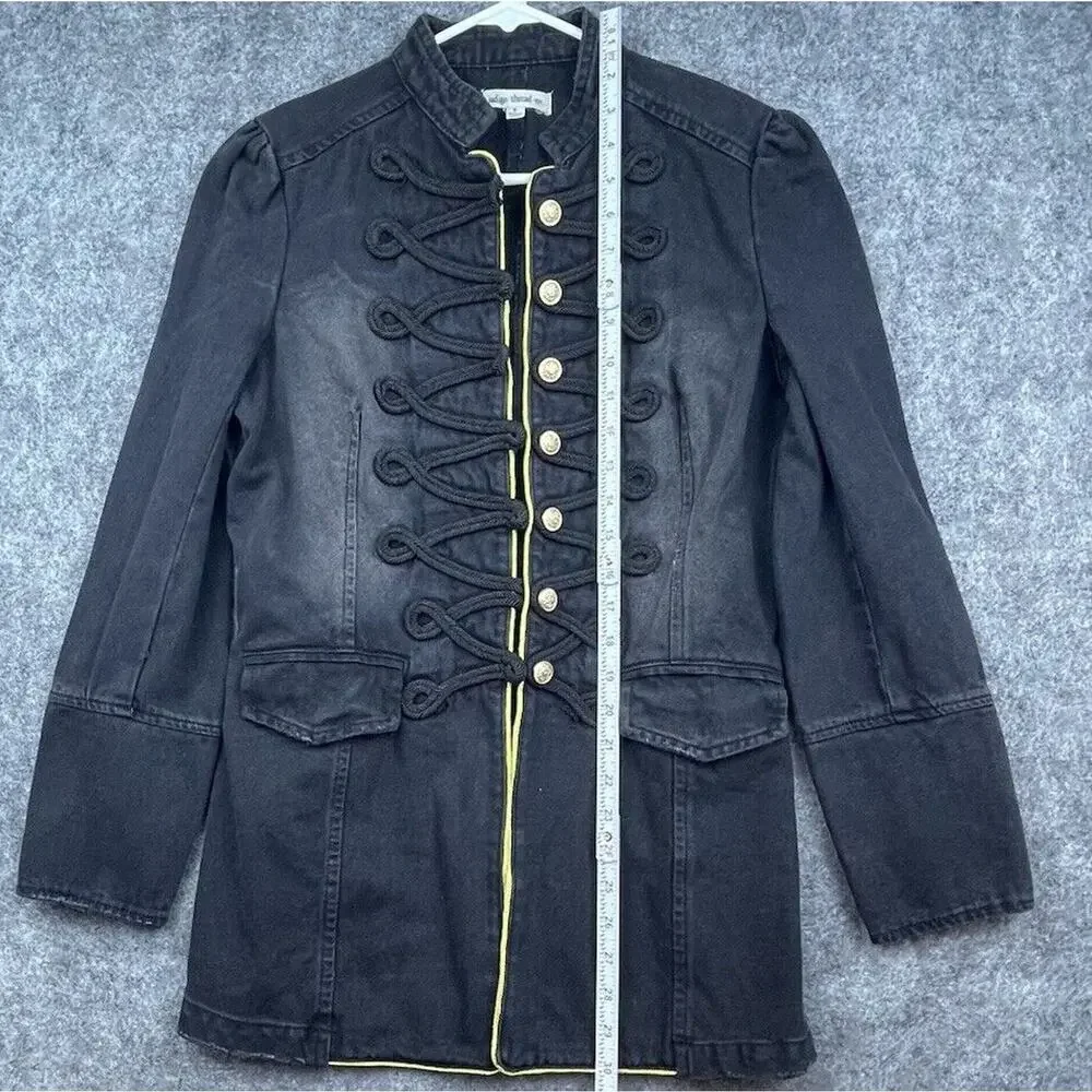 Indigo Thread Co Jacket Small Black Denim Gold Buttons Goth Dark Military - Picture 5 of 6